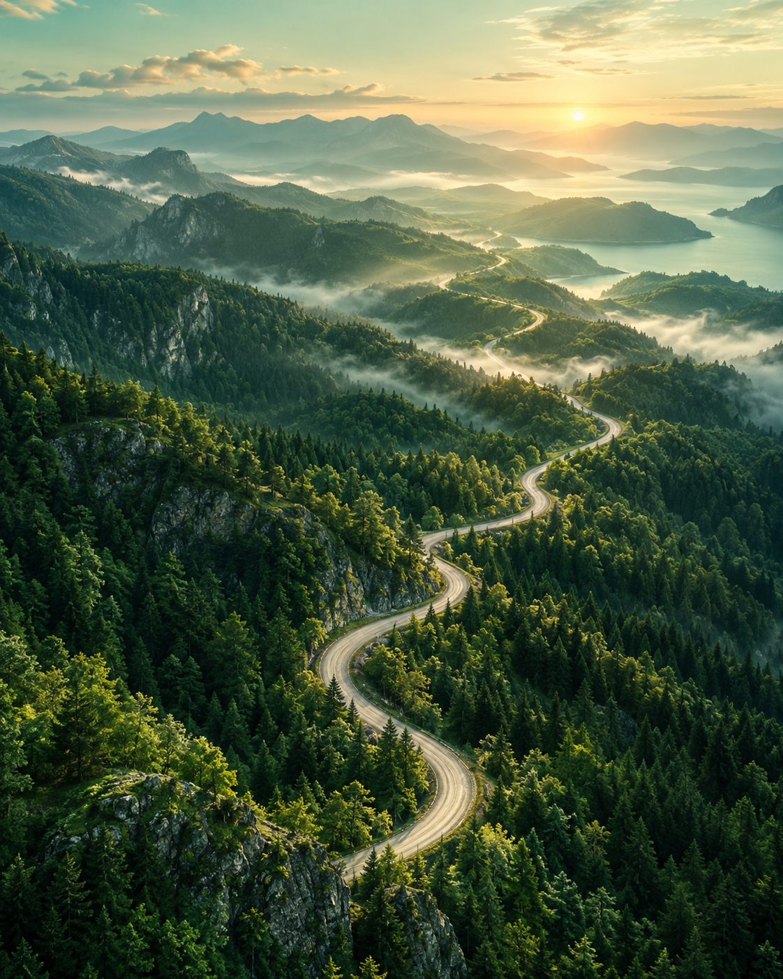 Paisaje conceptual creado con IA: una carretera serpentea entre montañas verdes hacia el horizonte.